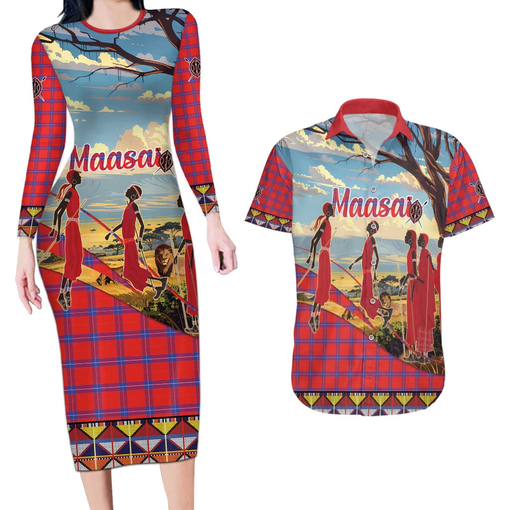 Kenya Adumu Dance Couples Matching Long Sleeve Bodycon Dress and Hawaiian Shirt Maasai Shuka Pattern - Kenyan Safari
