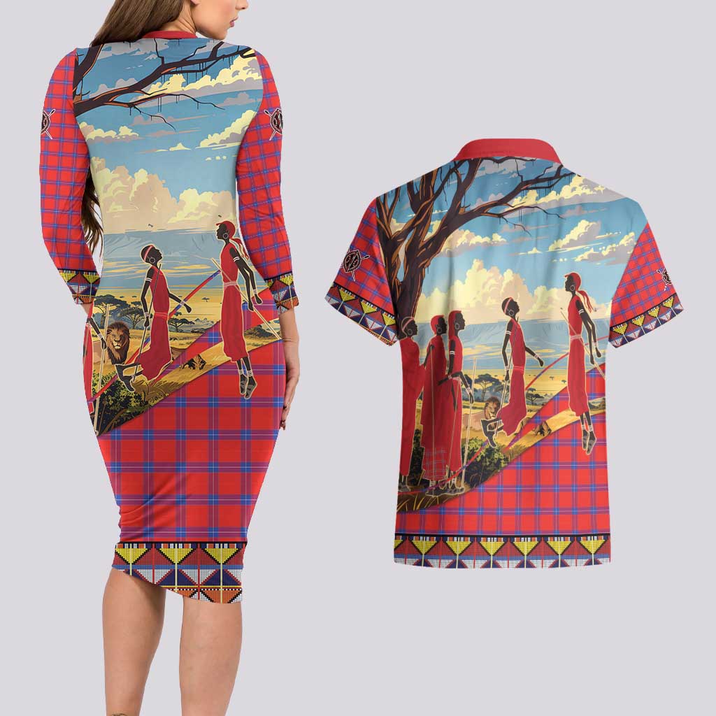 Kenya Adumu Dance Couples Matching Long Sleeve Bodycon Dress and Hawaiian Shirt Maasai Shuka Pattern - Kenyan Safari