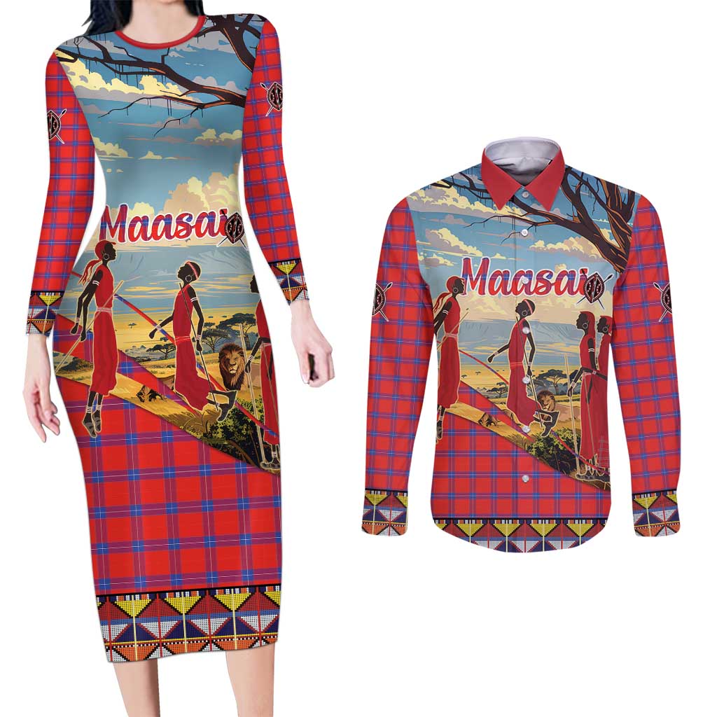Kenya Adumu Dance Couples Matching Long Sleeve Bodycon Dress and Long Sleeve Button Shirt Maasai Shuka Pattern - Kenyan Safari