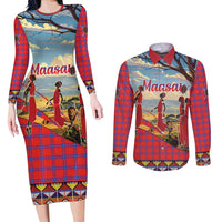 Kenya Adumu Dance Couples Matching Long Sleeve Bodycon Dress and Long Sleeve Button Shirt Maasai Shuka Pattern - Kenyan Safari