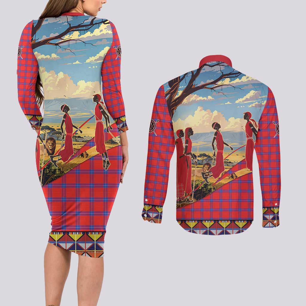 Kenya Adumu Dance Couples Matching Long Sleeve Bodycon Dress and Long Sleeve Button Shirt Maasai Shuka Pattern - Kenyan Safari
