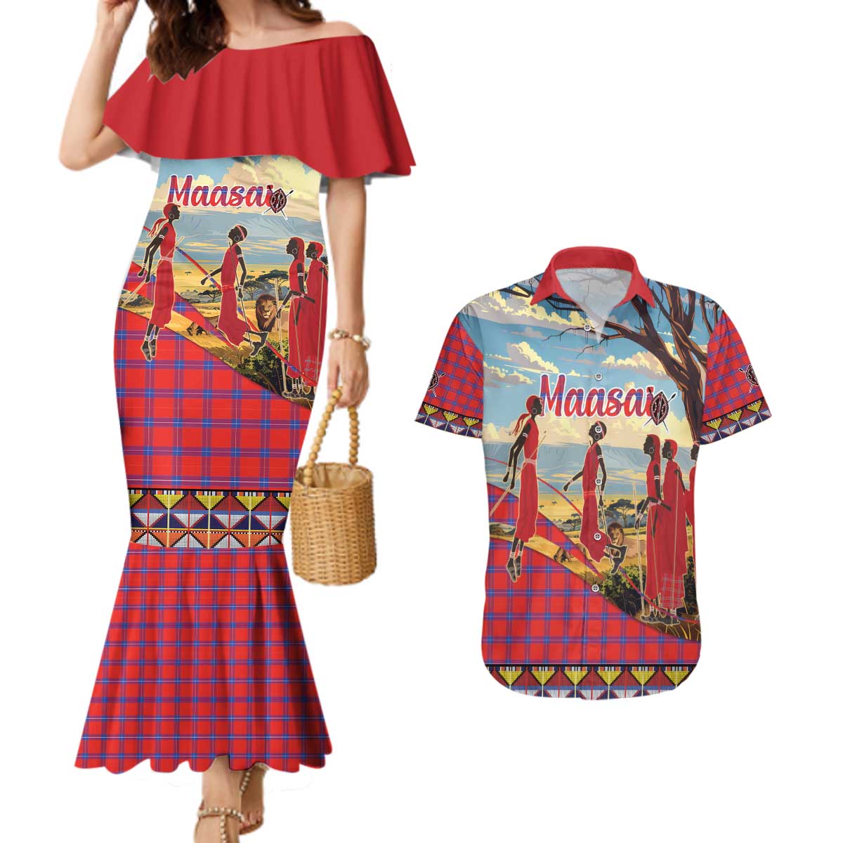 Kenya Adumu Dance Couples Matching Mermaid Dress and Hawaiian Shirt Maasai Shuka Pattern - Kenyan Safari