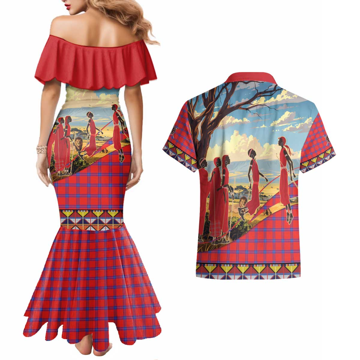 Kenya Adumu Dance Couples Matching Mermaid Dress and Hawaiian Shirt Maasai Shuka Pattern - Kenyan Safari