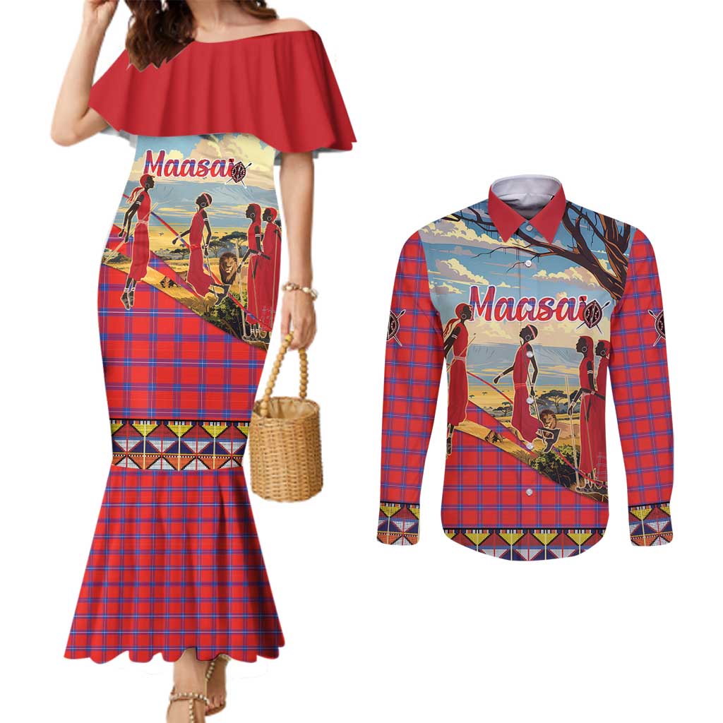 Kenya Adumu Dance Couples Matching Mermaid Dress and Long Sleeve Button Shirt Maasai Shuka Pattern - Kenyan Safari