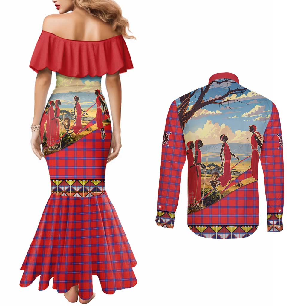 Kenya Adumu Dance Couples Matching Mermaid Dress and Long Sleeve Button Shirt Maasai Shuka Pattern - Kenyan Safari
