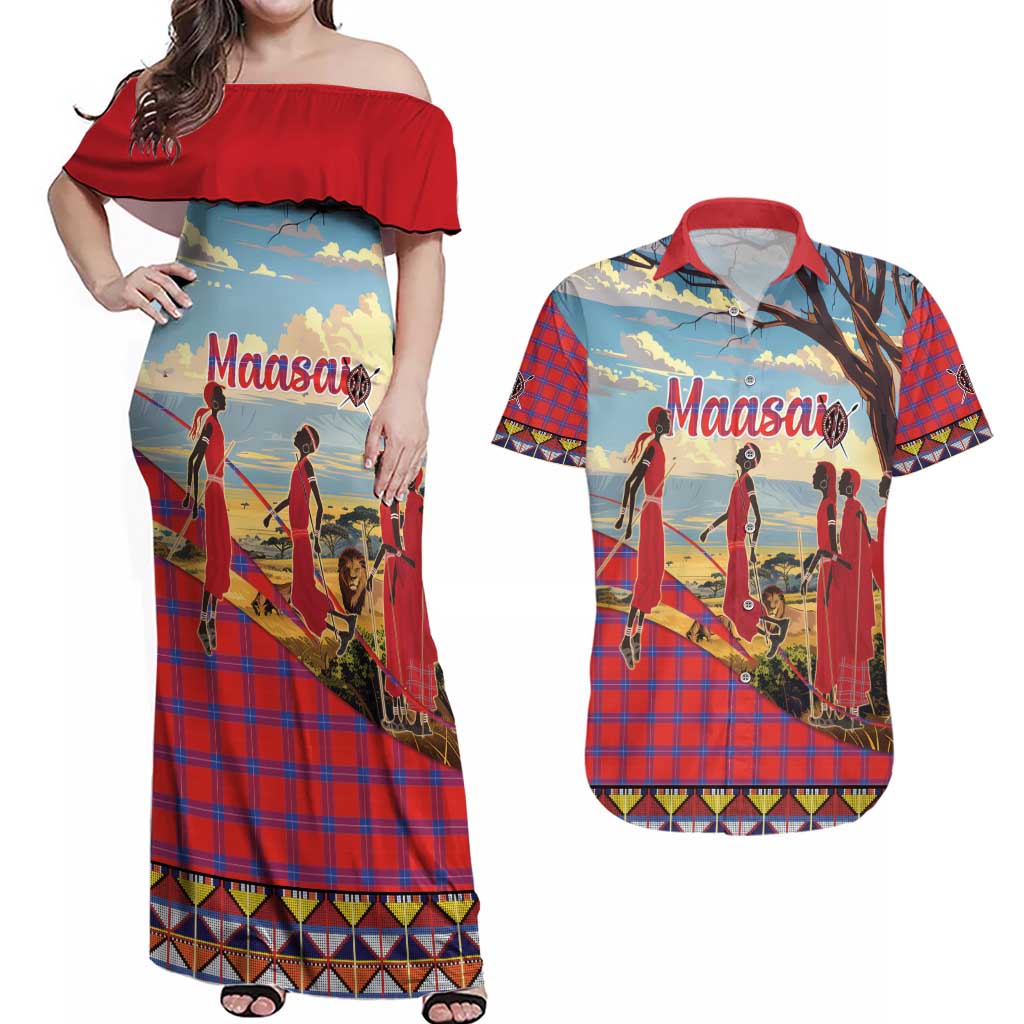 Kenya Adumu Dance Couples Matching Off Shoulder Maxi Dress and Hawaiian Shirt Maasai Shuka Pattern - Kenyan Safari