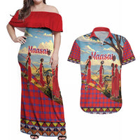 Kenya Adumu Dance Couples Matching Off Shoulder Maxi Dress and Hawaiian Shirt Maasai Shuka Pattern - Kenyan Safari