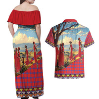 Kenya Adumu Dance Couples Matching Off Shoulder Maxi Dress and Hawaiian Shirt Maasai Shuka Pattern - Kenyan Safari