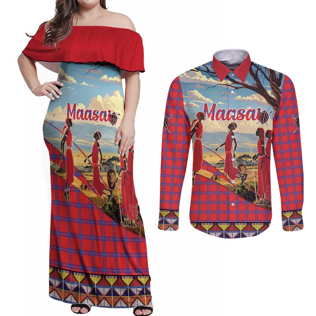 Kenya Adumu Dance Couples Matching Off Shoulder Maxi Dress and Long Sleeve Button Shirt Maasai Shuka Pattern - Kenyan Safari