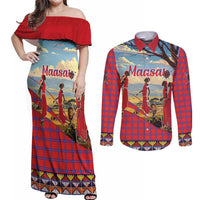 Kenya Adumu Dance Couples Matching Off Shoulder Maxi Dress and Long Sleeve Button Shirt Maasai Shuka Pattern - Kenyan Safari