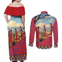 Kenya Adumu Dance Couples Matching Off Shoulder Maxi Dress and Long Sleeve Button Shirt Maasai Shuka Pattern - Kenyan Safari