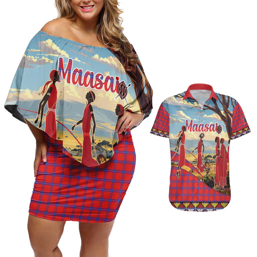 Kenya Adumu Dance Couples Matching Off Shoulder Short Dress and Hawaiian Shirt Maasai Shuka Pattern - Kenyan Safari