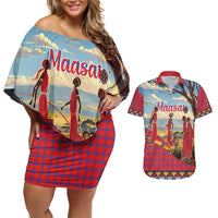 Kenya Adumu Dance Couples Matching Off Shoulder Short Dress and Hawaiian Shirt Maasai Shuka Pattern - Kenyan Safari