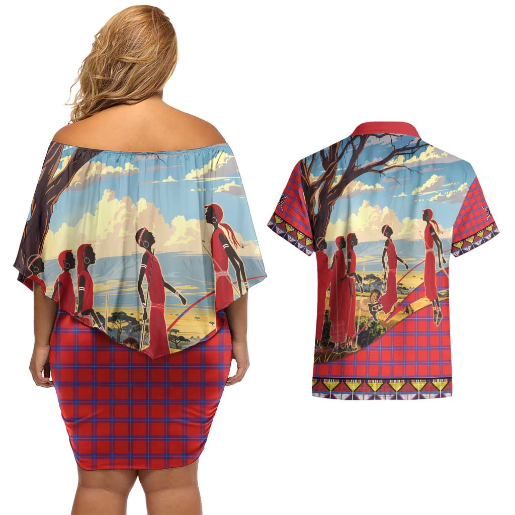 Kenya Adumu Dance Couples Matching Off Shoulder Short Dress and Hawaiian Shirt Maasai Shuka Pattern - Kenyan Safari