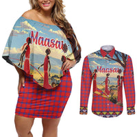 Kenya Adumu Dance Couples Matching Off Shoulder Short Dress and Long Sleeve Button Shirt Maasai Shuka Pattern - Kenyan Safari