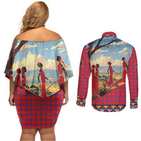 Kenya Adumu Dance Couples Matching Off Shoulder Short Dress and Long Sleeve Button Shirt Maasai Shuka Pattern - Kenyan Safari