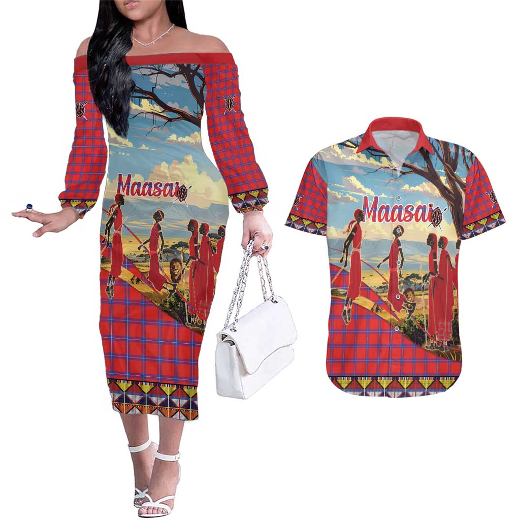 Kenya Adumu Dance Couples Matching Off The Shoulder Long Sleeve Dress and Hawaiian Shirt Maasai Shuka Pattern - Kenyan Safari