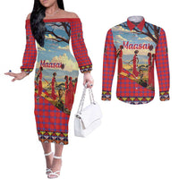 Kenya Adumu Dance Couples Matching Off The Shoulder Long Sleeve Dress and Long Sleeve Button Shirt Maasai Shuka Pattern - Kenyan Safari