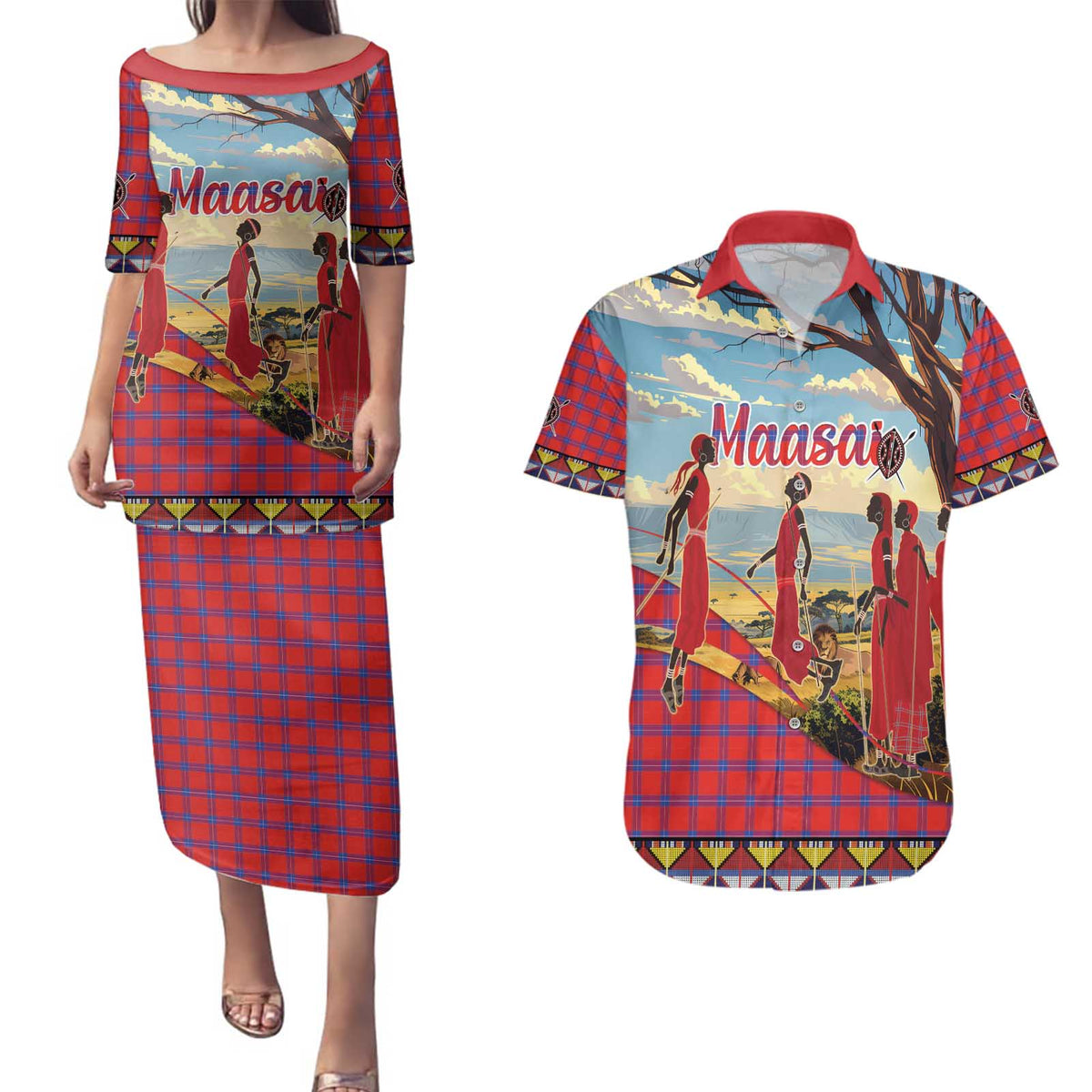 Kenya Adumu Dance Couples Matching Puletasi and Hawaiian Shirt Maasai Shuka Pattern - Kenyan Safari
