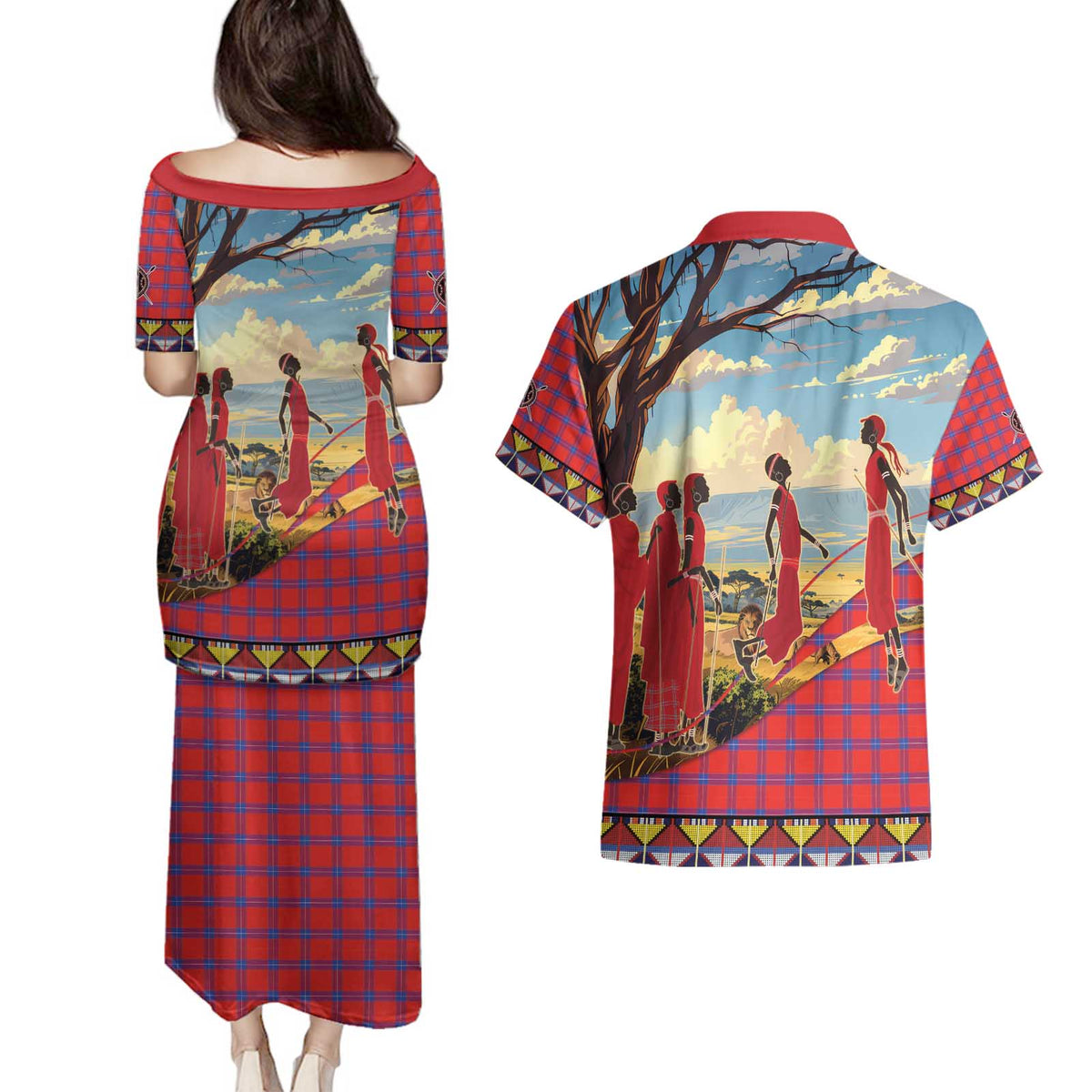 Kenya Adumu Dance Couples Matching Puletasi and Hawaiian Shirt Maasai Shuka Pattern - Kenyan Safari