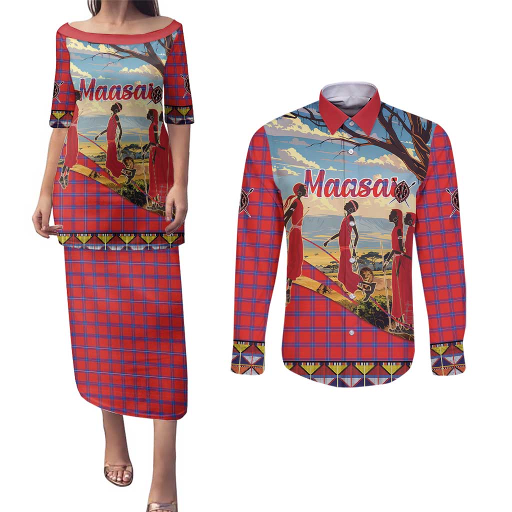 Kenya Adumu Dance Couples Matching Puletasi and Long Sleeve Button Shirt Maasai Shuka Pattern - Kenyan Safari