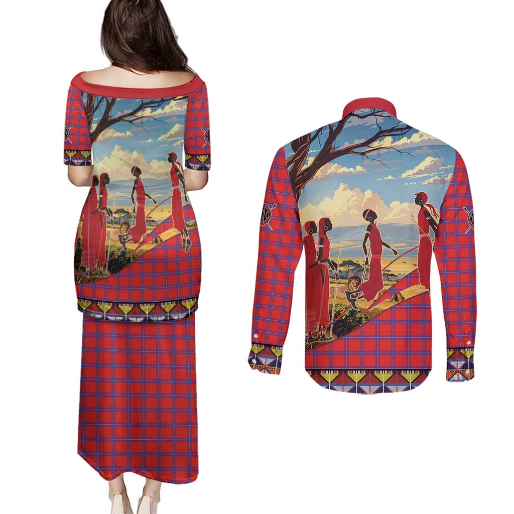 Kenya Adumu Dance Couples Matching Puletasi and Long Sleeve Button Shirt Maasai Shuka Pattern - Kenyan Safari