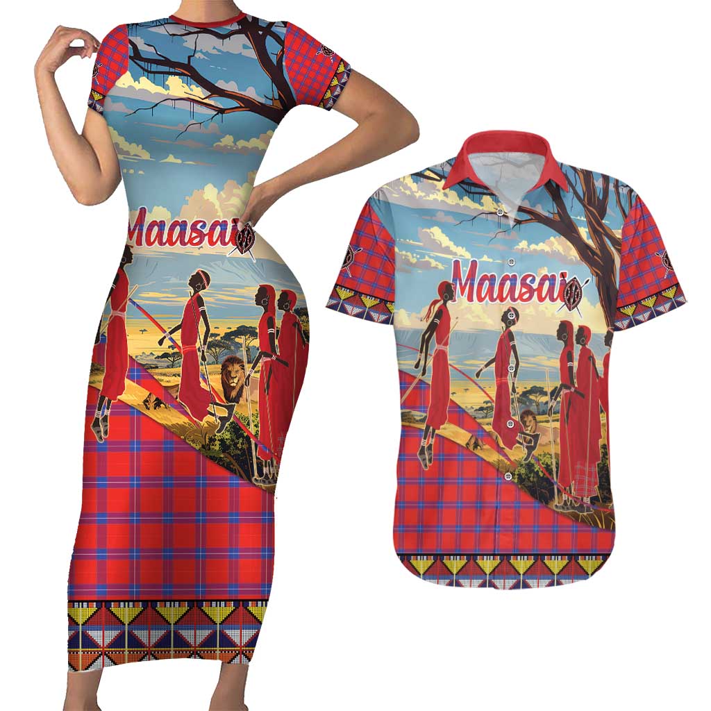 Kenya Adumu Dance Couples Matching Short Sleeve Bodycon Dress and Hawaiian Shirt Maasai Shuka Pattern - Kenyan Safari