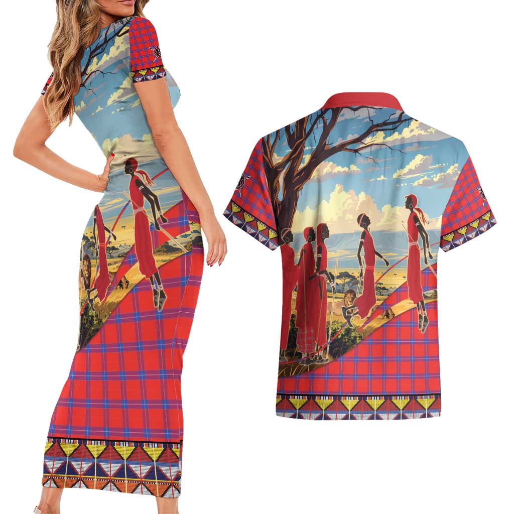 Kenya Adumu Dance Couples Matching Short Sleeve Bodycon Dress and Hawaiian Shirt Maasai Shuka Pattern - Kenyan Safari