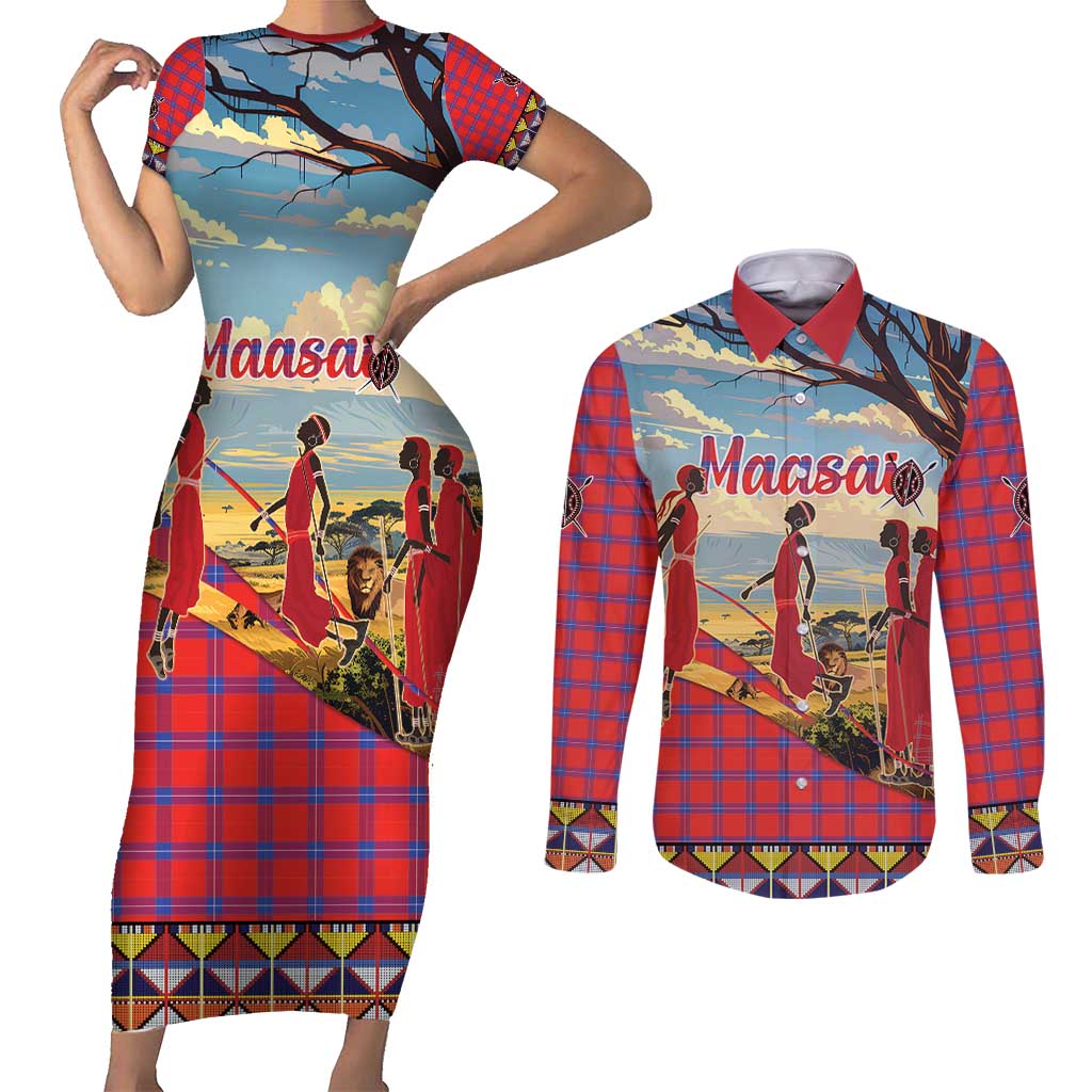 Kenya Adumu Dance Couples Matching Short Sleeve Bodycon Dress and Long Sleeve Button Shirt Maasai Shuka Pattern - Kenyan Safari