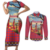 Kenya Adumu Dance Couples Matching Short Sleeve Bodycon Dress and Long Sleeve Button Shirt Maasai Shuka Pattern - Kenyan Safari