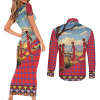 Kenya Adumu Dance Couples Matching Short Sleeve Bodycon Dress and Long Sleeve Button Shirt Maasai Shuka Pattern - Kenyan Safari