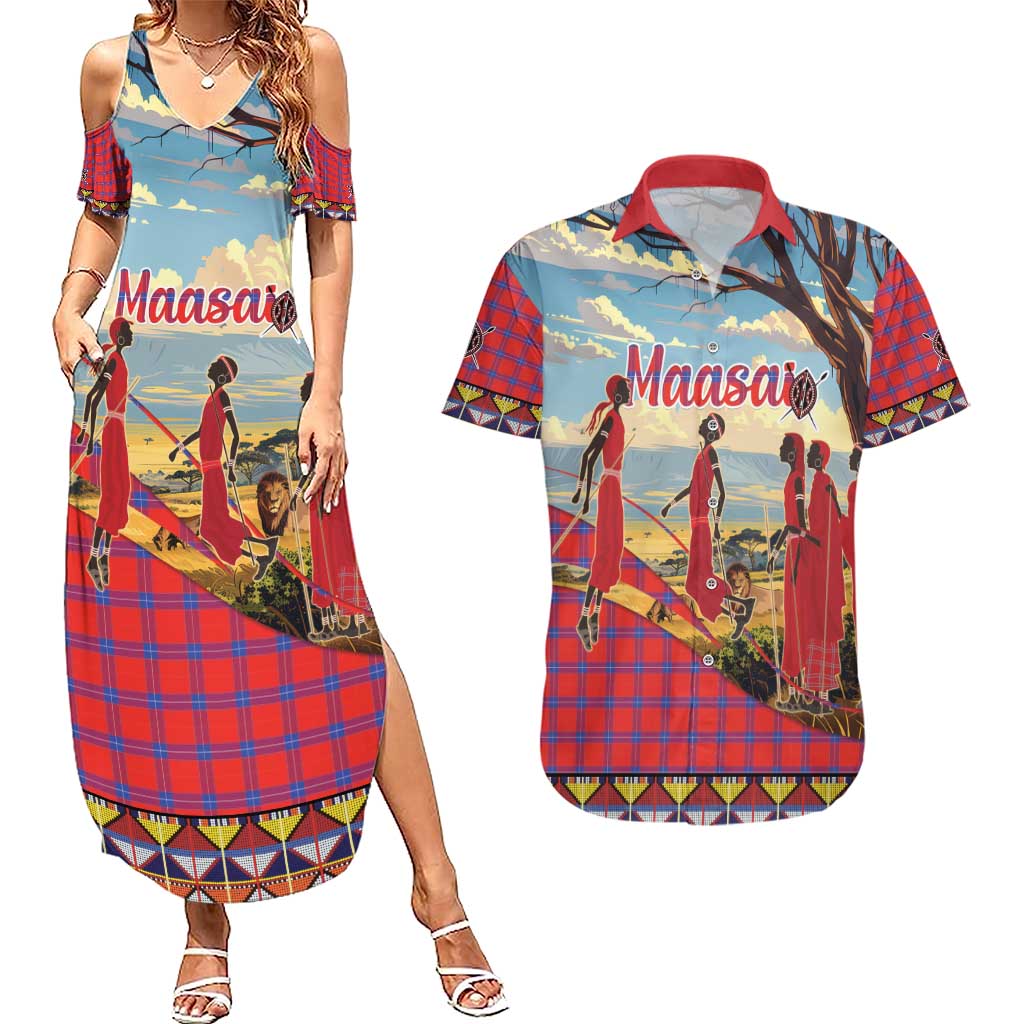 Kenya Adumu Dance Couples Matching Summer Maxi Dress and Hawaiian Shirt Maasai Shuka Pattern - Kenyan Safari