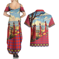 Kenya Adumu Dance Couples Matching Summer Maxi Dress and Hawaiian Shirt Maasai Shuka Pattern - Kenyan Safari