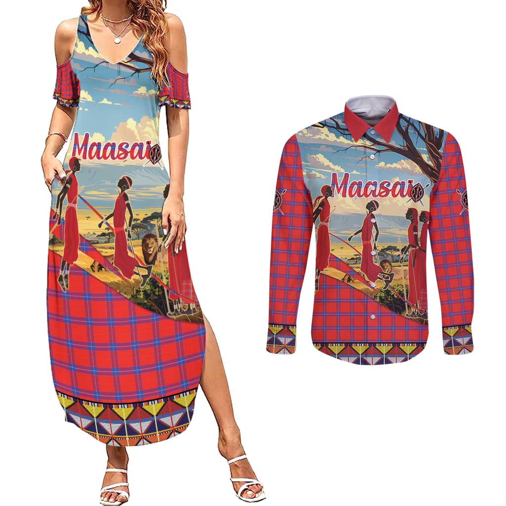 Kenya Adumu Dance Couples Matching Summer Maxi Dress and Long Sleeve Button Shirt Maasai Shuka Pattern - Kenyan Safari