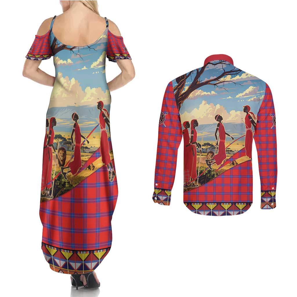 Kenya Adumu Dance Couples Matching Summer Maxi Dress and Long Sleeve Button Shirt Maasai Shuka Pattern - Kenyan Safari
