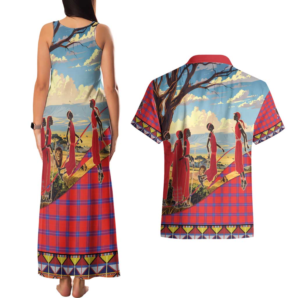 Kenya Adumu Dance Couples Matching Tank Maxi Dress and Hawaiian Shirt Maasai Shuka Pattern - Kenyan Safari