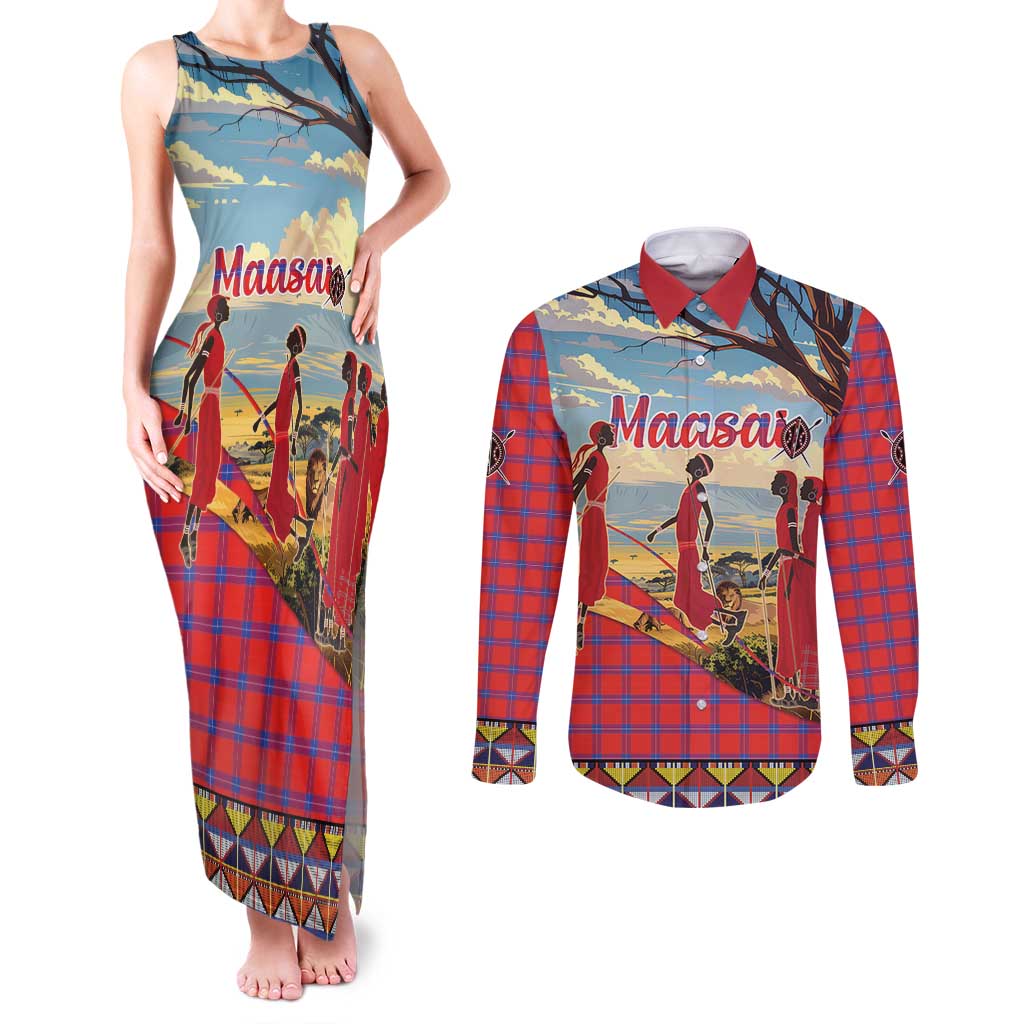 Kenya Adumu Dance Couples Matching Tank Maxi Dress and Long Sleeve Button Shirt Maasai Shuka Pattern - Kenyan Safari