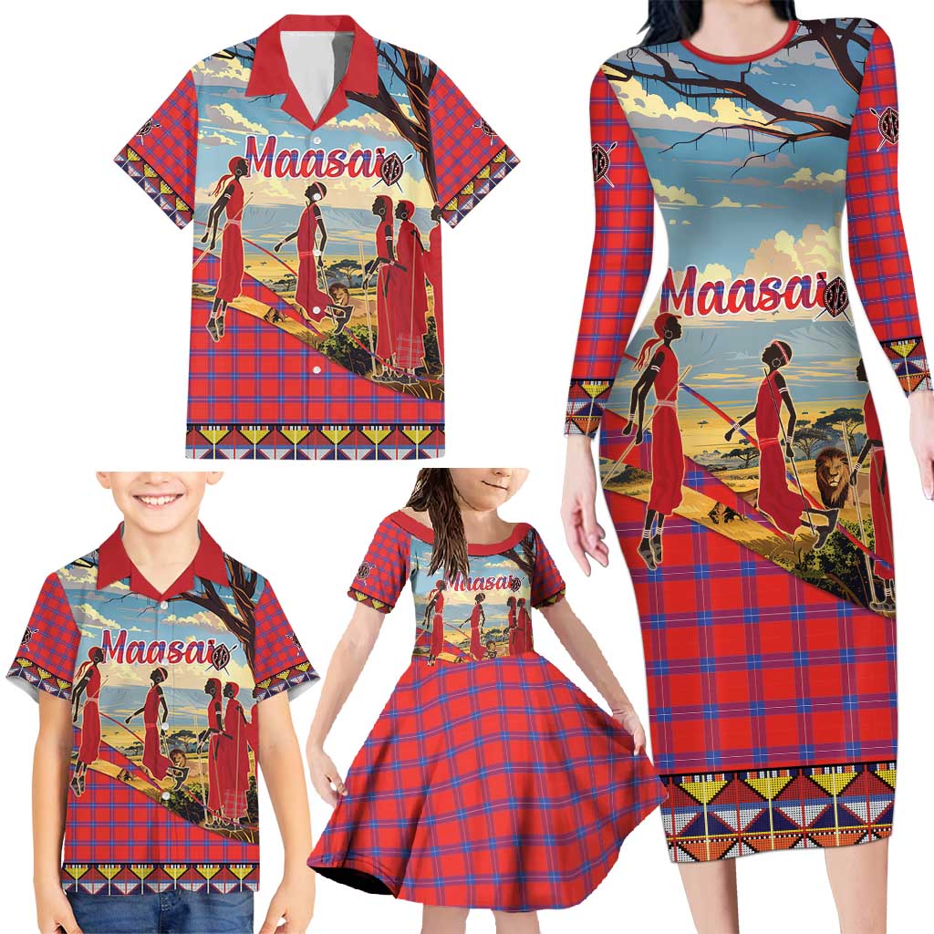 Kenya Adumu Dance Family Matching Long Sleeve Bodycon Dress and Hawaiian Shirt Maasai Shuka Pattern - Kenyan Safari