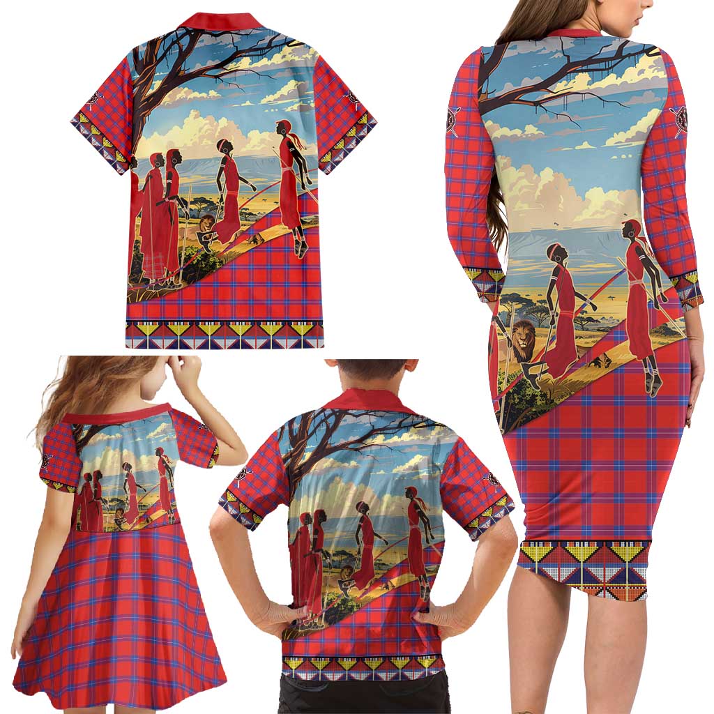 Kenya Adumu Dance Family Matching Long Sleeve Bodycon Dress and Hawaiian Shirt Maasai Shuka Pattern - Kenyan Safari