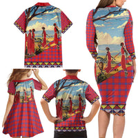 Kenya Adumu Dance Family Matching Long Sleeve Bodycon Dress and Hawaiian Shirt Maasai Shuka Pattern - Kenyan Safari