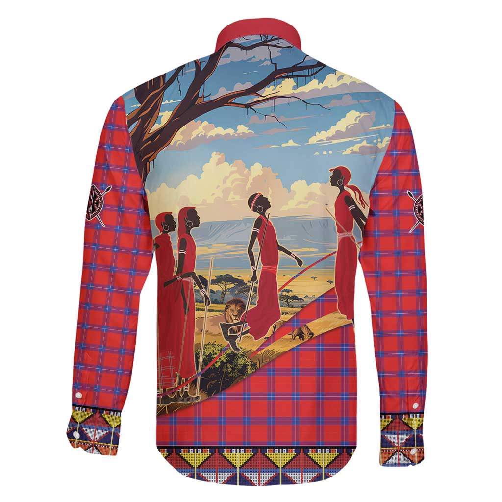 Kenya Adumu Dance Family Matching Long Sleeve Bodycon Dress and Hawaiian Shirt Maasai Shuka Pattern - Kenyan Safari