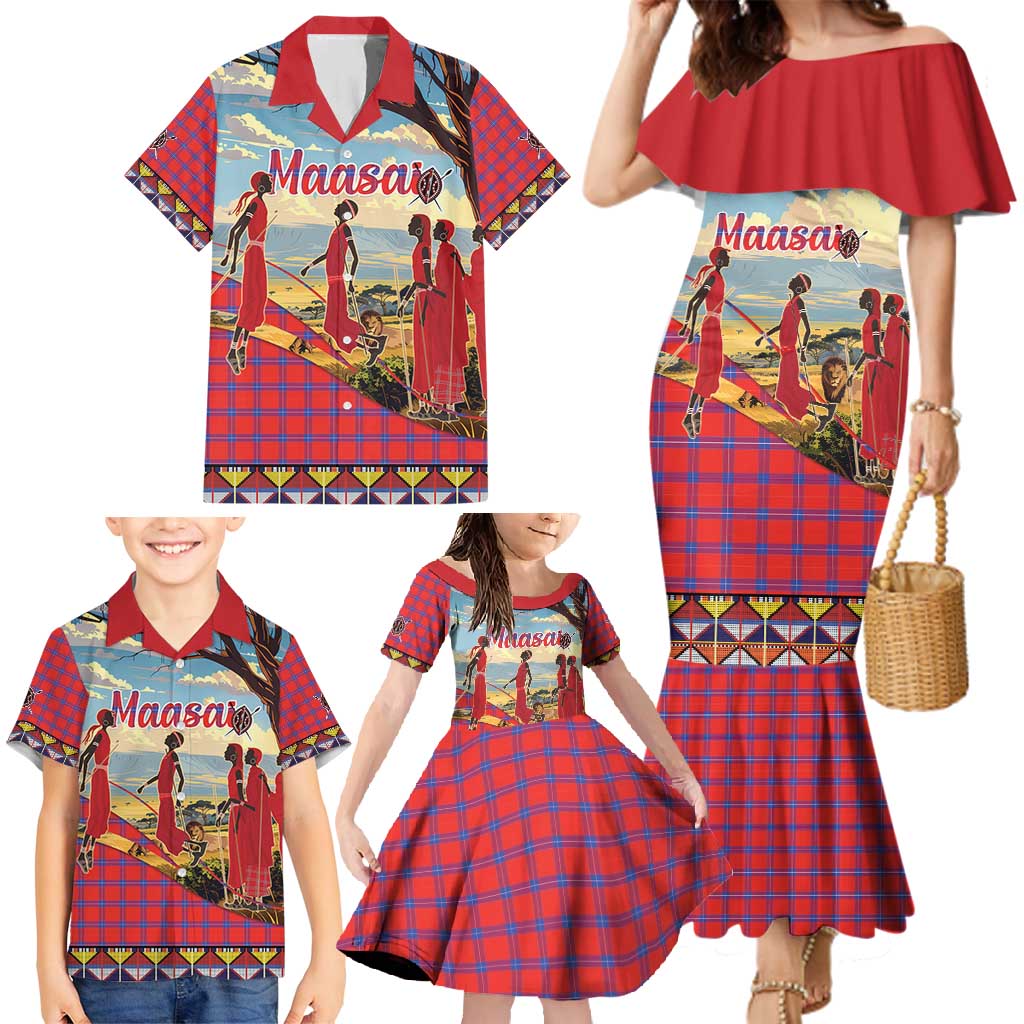 Kenya Adumu Dance Family Matching Mermaid Dress and Hawaiian Shirt Maasai Shuka Pattern - Kenyan Safari