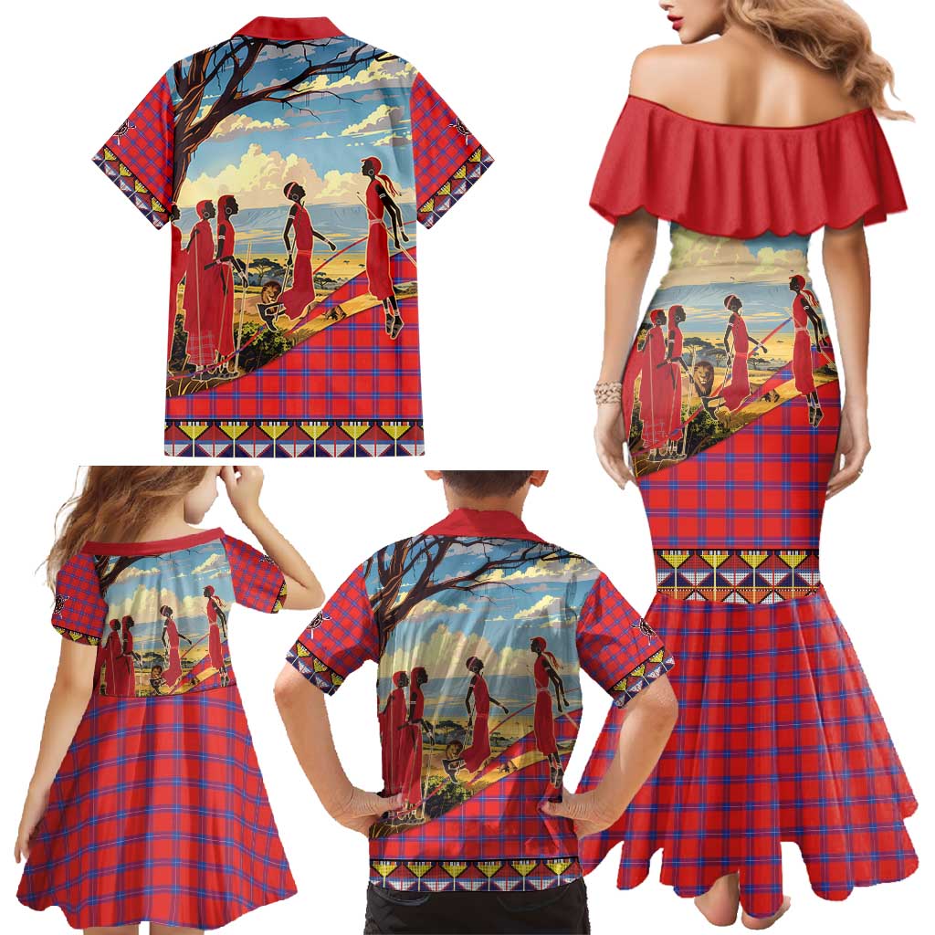 Kenya Adumu Dance Family Matching Mermaid Dress and Hawaiian Shirt Maasai Shuka Pattern - Kenyan Safari