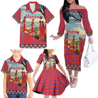 Kenya Adumu Dance Family Matching Off The Shoulder Long Sleeve Dress and Hawaiian Shirt Maasai Shuka Pattern - Kenyan Safari