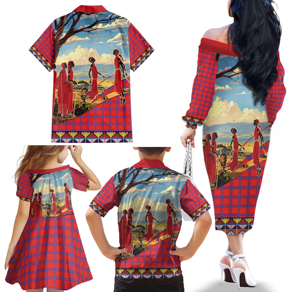 Kenya Adumu Dance Family Matching Off The Shoulder Long Sleeve Dress and Hawaiian Shirt Maasai Shuka Pattern - Kenyan Safari