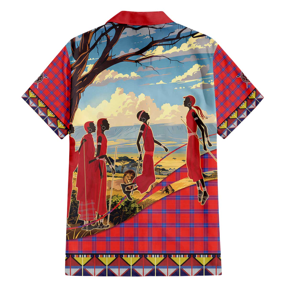 Kenya Adumu Dance Family Matching Off The Shoulder Long Sleeve Dress and Hawaiian Shirt Maasai Shuka Pattern - Kenyan Safari