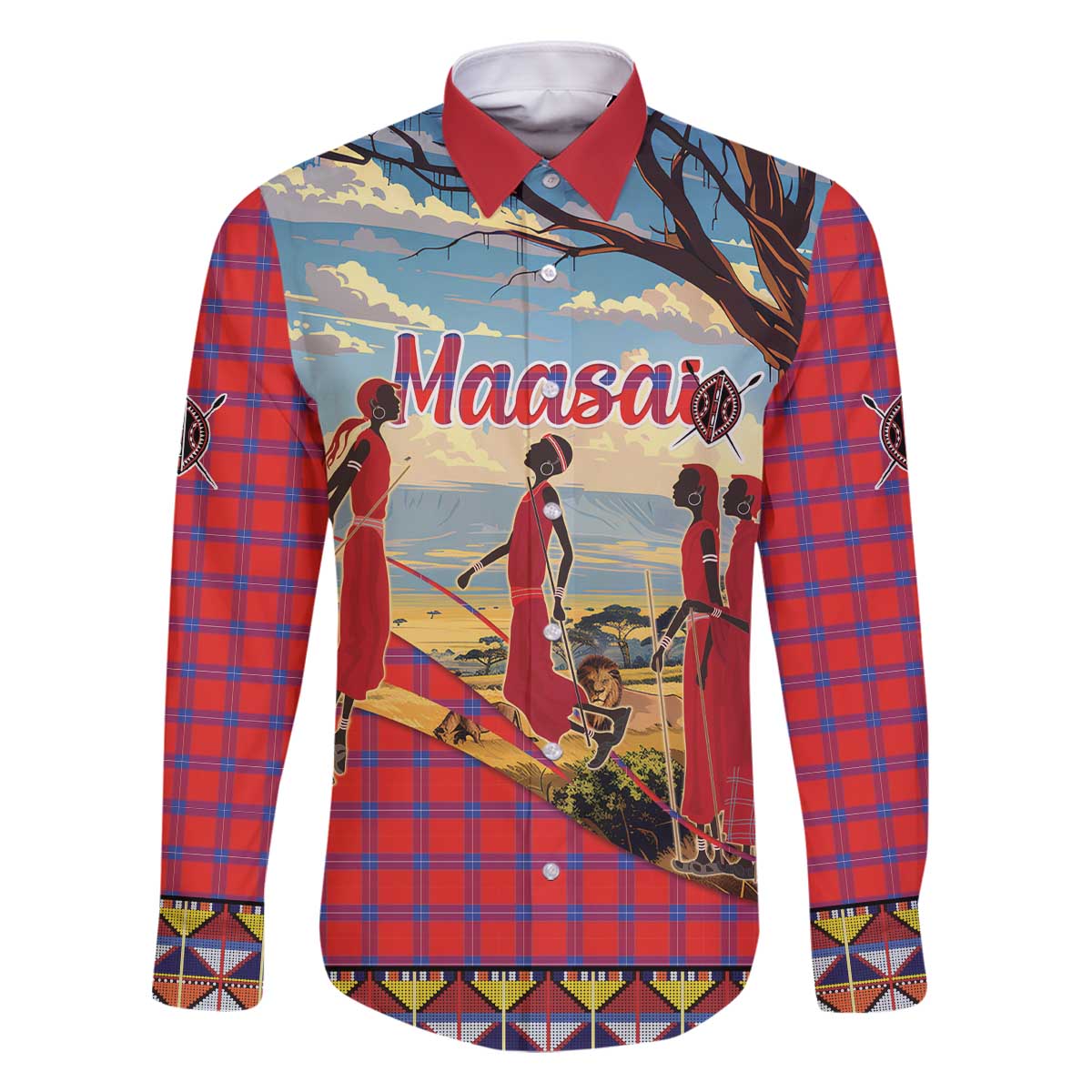 Kenya Adumu Dance Family Matching Off The Shoulder Long Sleeve Dress and Hawaiian Shirt Maasai Shuka Pattern - Kenyan Safari