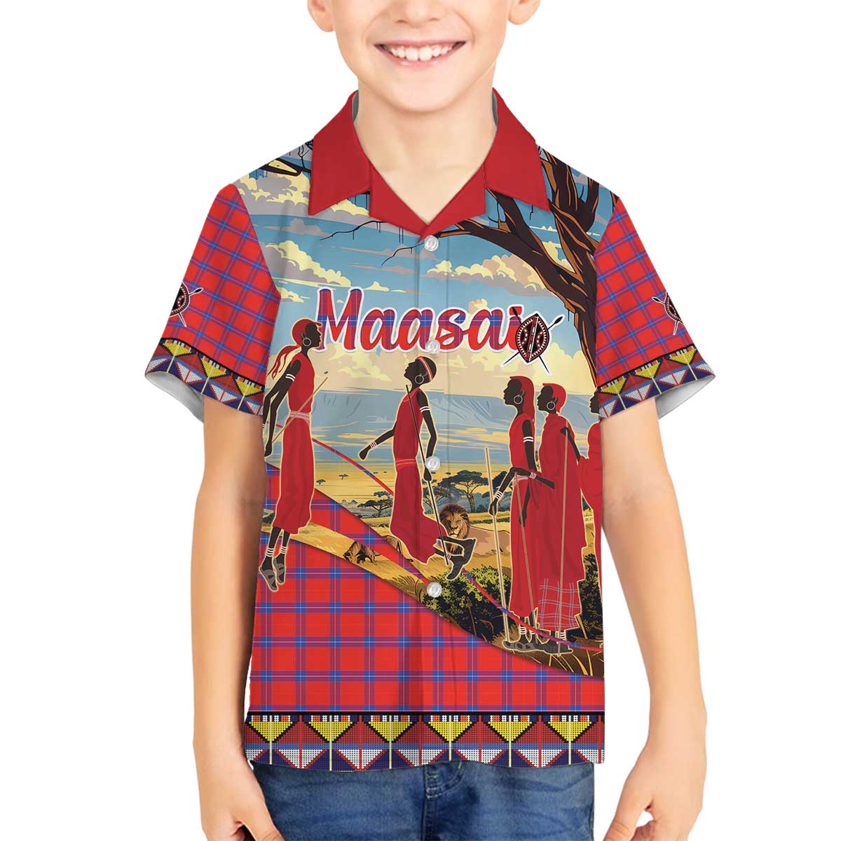 Kenya Adumu Dance Family Matching Off The Shoulder Long Sleeve Dress and Hawaiian Shirt Maasai Shuka Pattern - Kenyan Safari