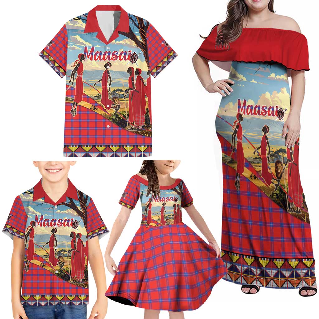 Kenya Adumu Dance Family Matching Off Shoulder Maxi Dress and Hawaiian Shirt Maasai Shuka Pattern - Kenyan Safari