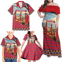 Kenya Adumu Dance Family Matching Off Shoulder Maxi Dress and Hawaiian Shirt Maasai Shuka Pattern - Kenyan Safari